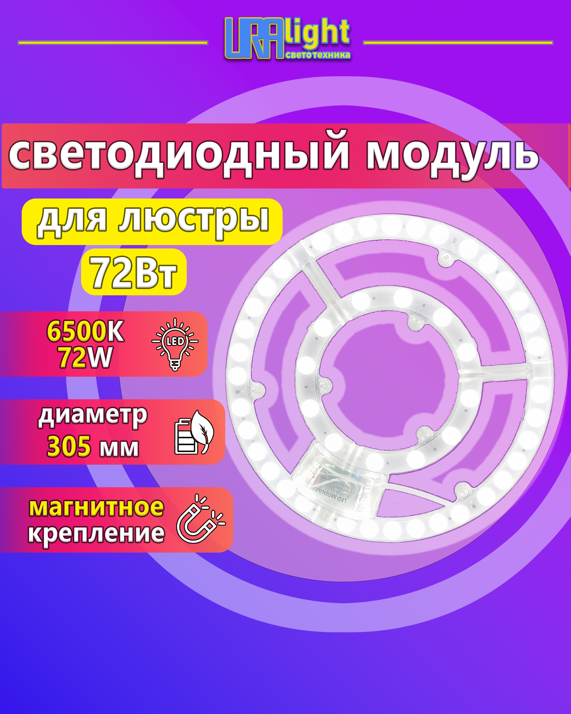 Светодиодный модуль к люстре на магнитах основа алюминий в комплекте с блоком питания 72Вт