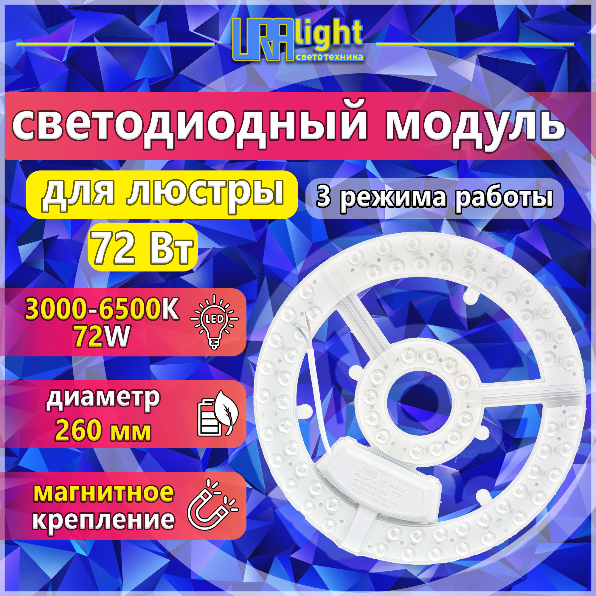 Светодиодный модуль к люстре на магнитах основа алюминий в комплекте с блоком питания 72Вт 3 режима 3000к-4500к-6500к
