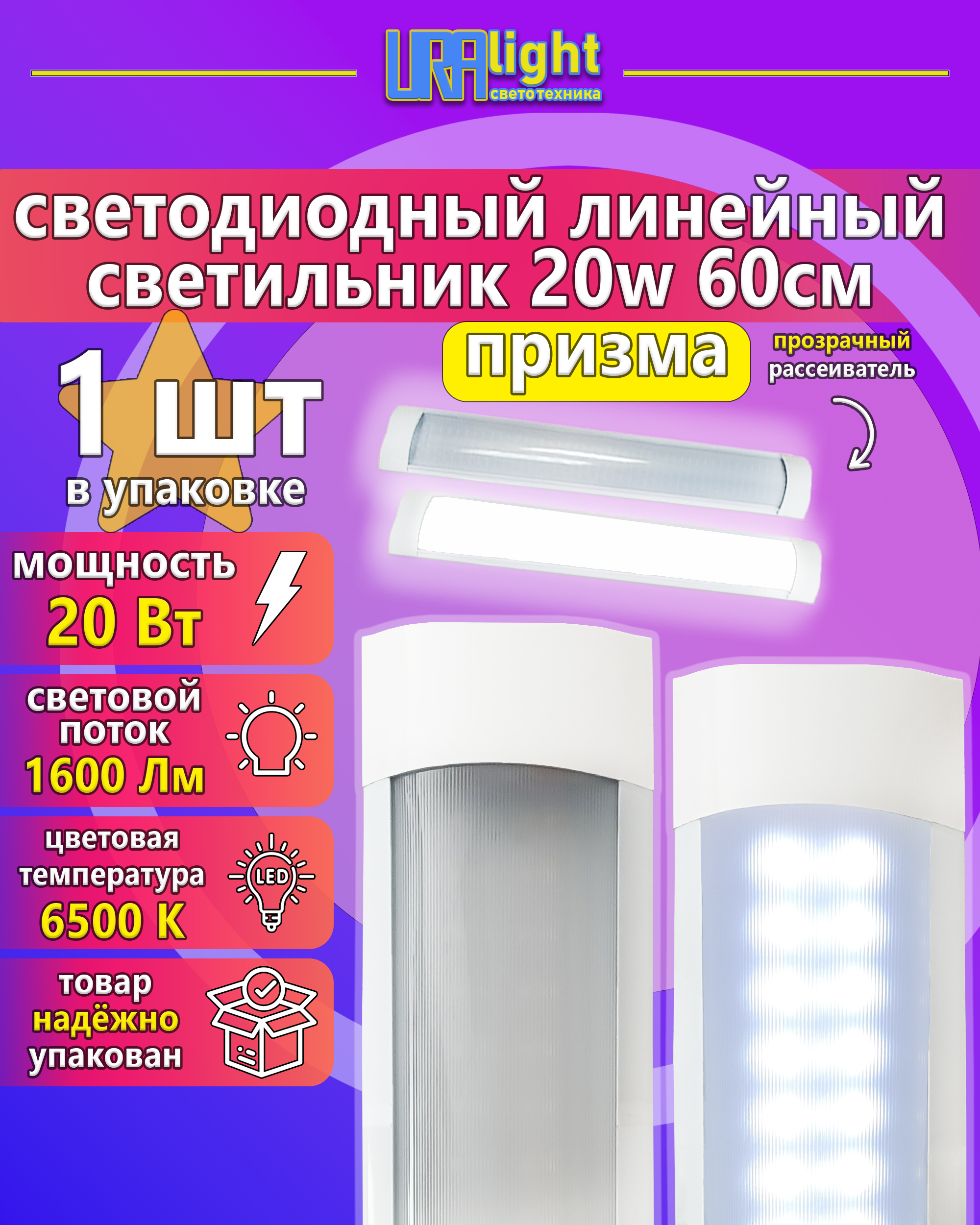 Светодиодный линейный светильник ЛПО LED mini Т12 20Вт  призма URAlight