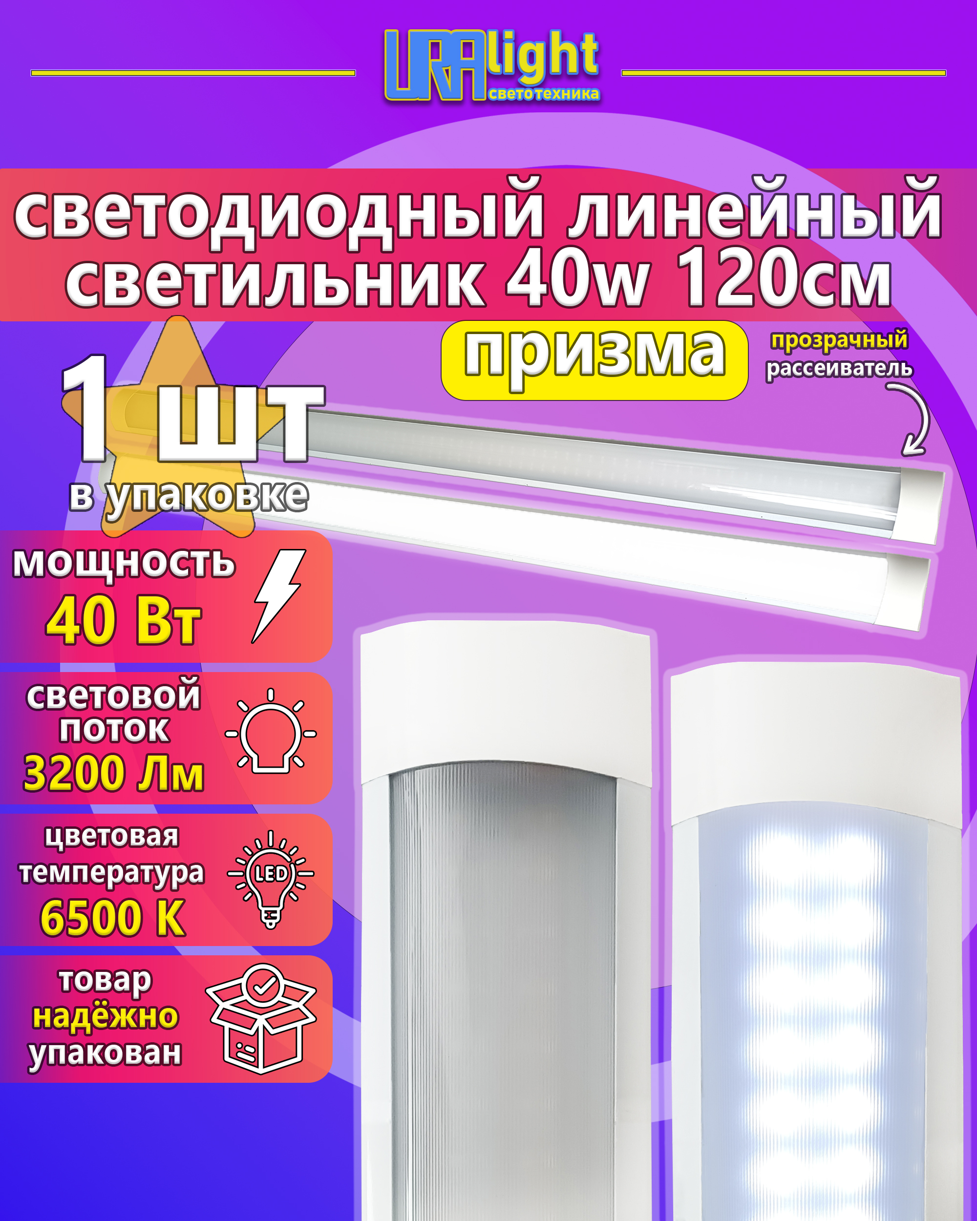 Светодиодный линейный светильник ЛПО LED  Т12 40Вт призма URAlight